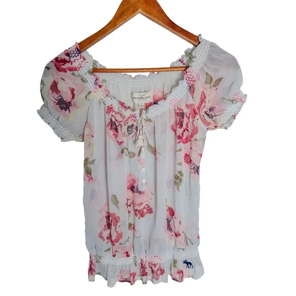 Abercrombie & Fitch Floral Chiffon Smocked Henley Blouse Size Small